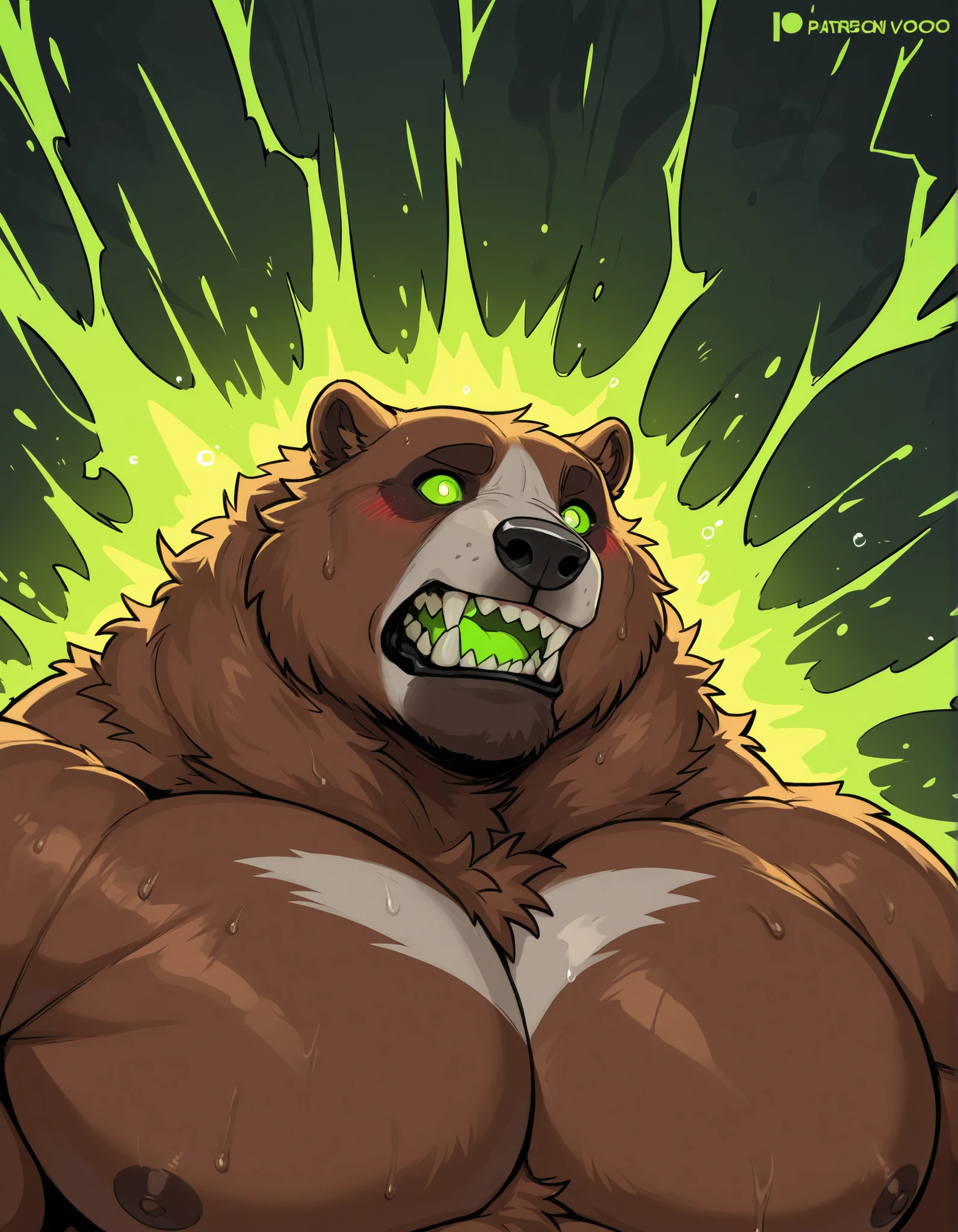 Black Portrait: Morbidly Obese Kodiak Bear; erection and fuzzy balls; (obtuse muscular, feral, big fat; huge muscles, Voo-Doo eyes; brown fur, glowing green ominous essence); blushing; thrusting; closed Mouth; tired expression; surprised; skulls; monster obese Bear; detailed eyes; (sharp teeth); masterpiece; best quality; amazing quality;