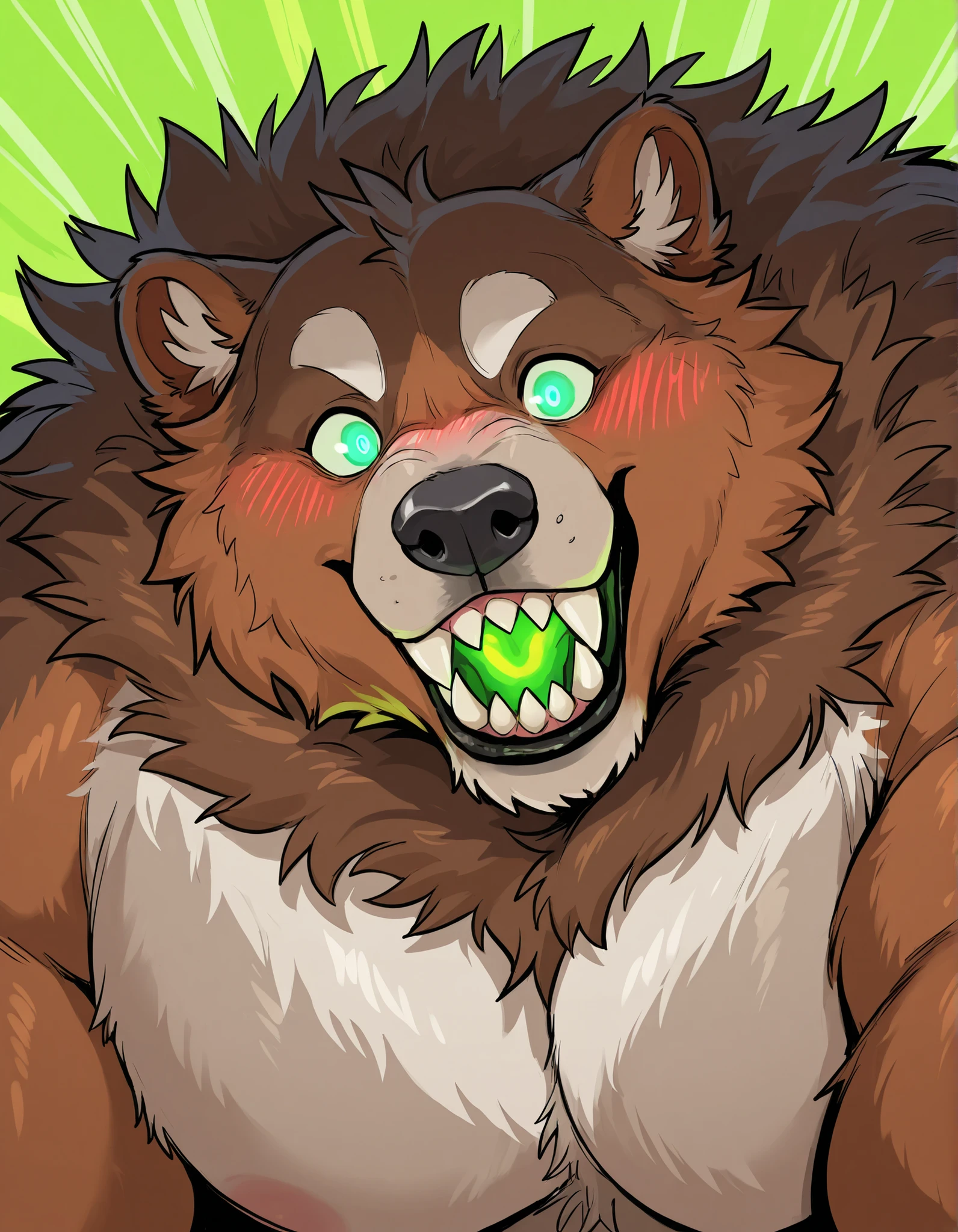 Black Portrait: Morbidly Obese Kodiak Bear; erection and fuzzy balls; (obtuse muscular, feral, big fat; huge muscles, Voo-Doo eyes; brown fur, glowing green ominous essence); blushing; thrusting; closed Mouth; tired expression; surprised; skulls; monster obese Bear; detailed eyes; (sharp teeth); masterpiece; best quality; amazing quality;