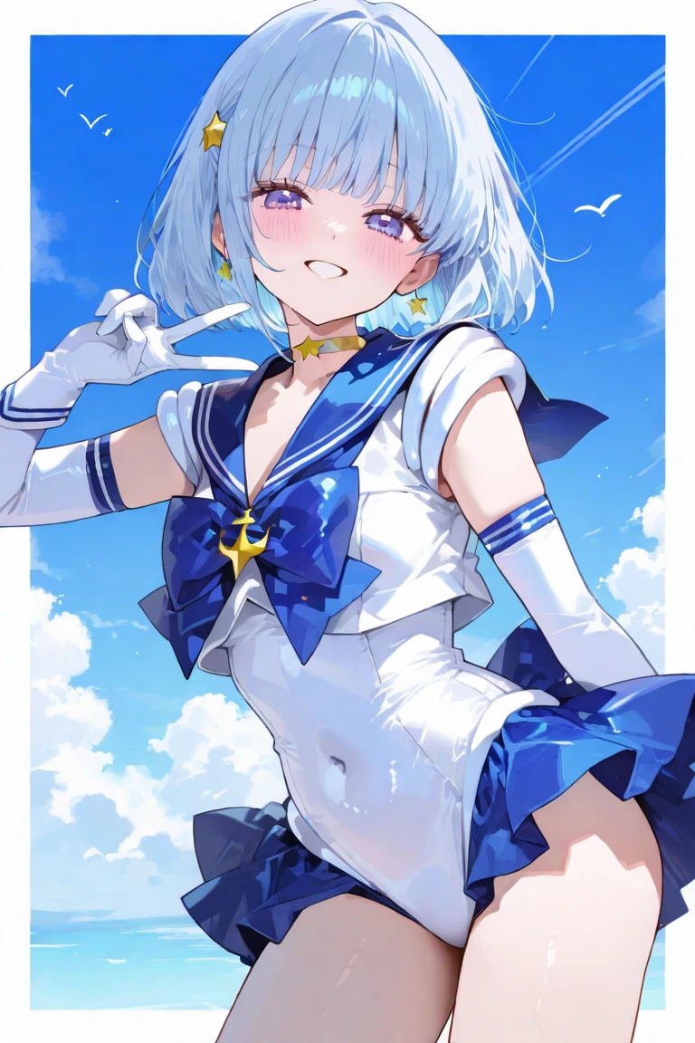 masterpiece, highest quality, ((1 person)),Light blue hair,Light blue eyes,Smiling face, smile,whole body,Manga style,short hair,naked,Eyes that feel,((Sailor Mercury Style),milk,Drooping eyes,