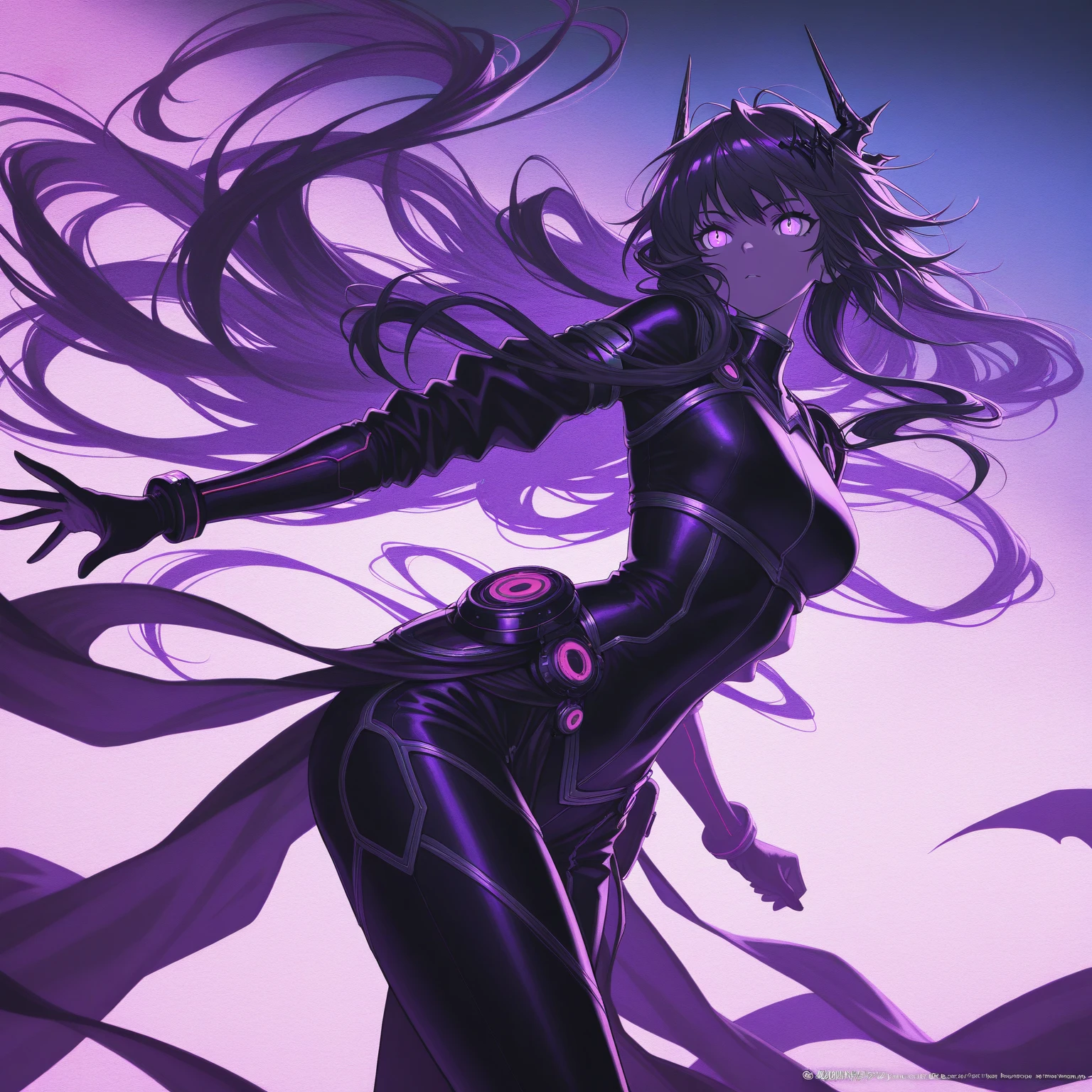 Highest quality Highest quality Draw a face carefully High-definition anime-style face Super Glowing Skin Long black hair Black leotard Purple pantyhose Succubus lure smile Back view Rear view