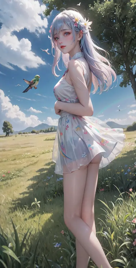 Gentle and beautiful rainbow birds return to nature，With the wind、​​clouds、florals、The grass blends into one，Be part of an endless cycle in nature。