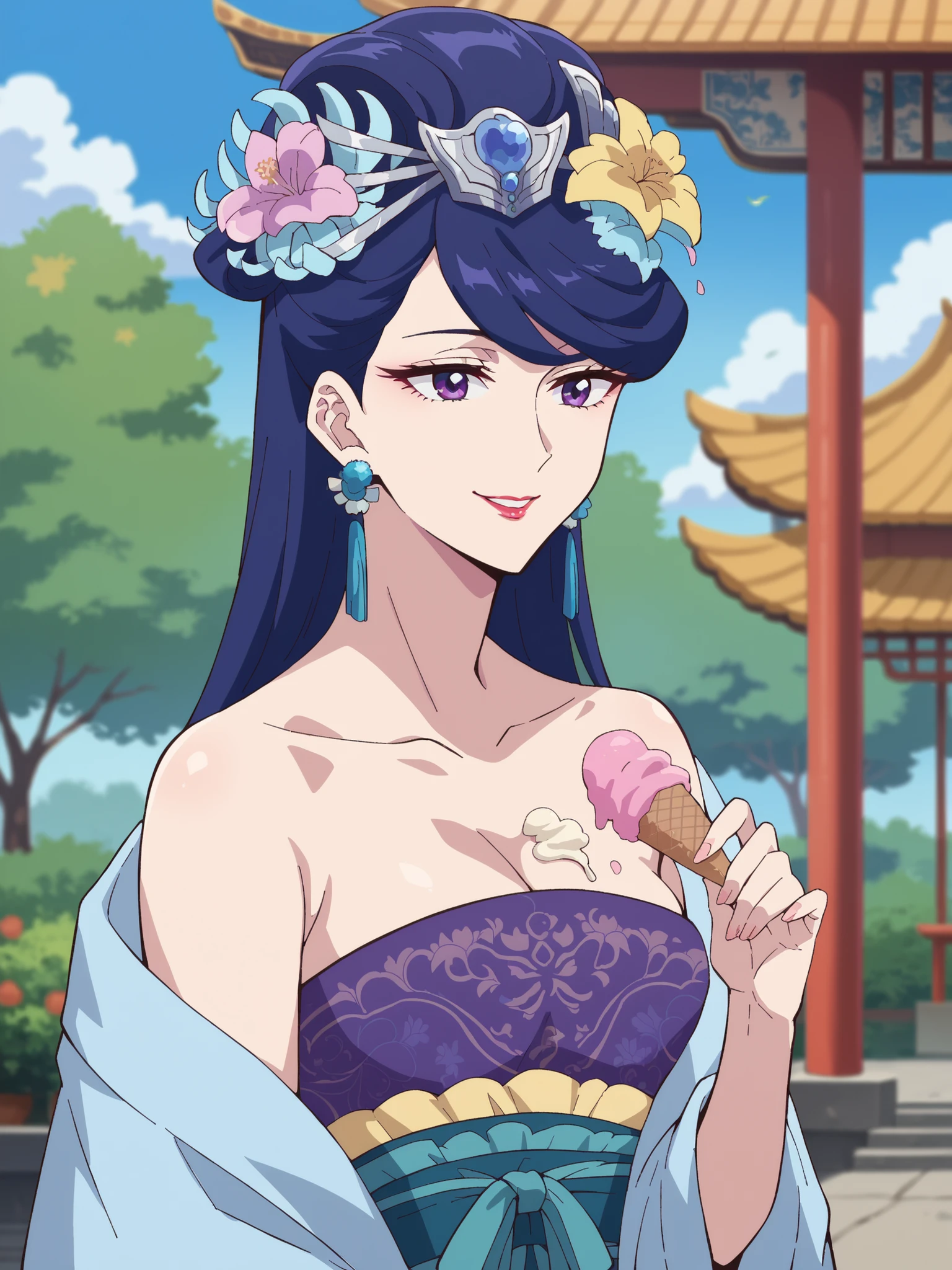 (best quality, masterpiece),Pear Blossom,Every Single Person at the Drugstore,sleeveless,long hair, purple eyes, purple hair, flower, earrings, hair flower, lipstick,Chest, Jewelry, Chinese clothing, Hanfu,Outdoors,garden,smile,(viewers on my mom), opens her mouth,eat ice cream,