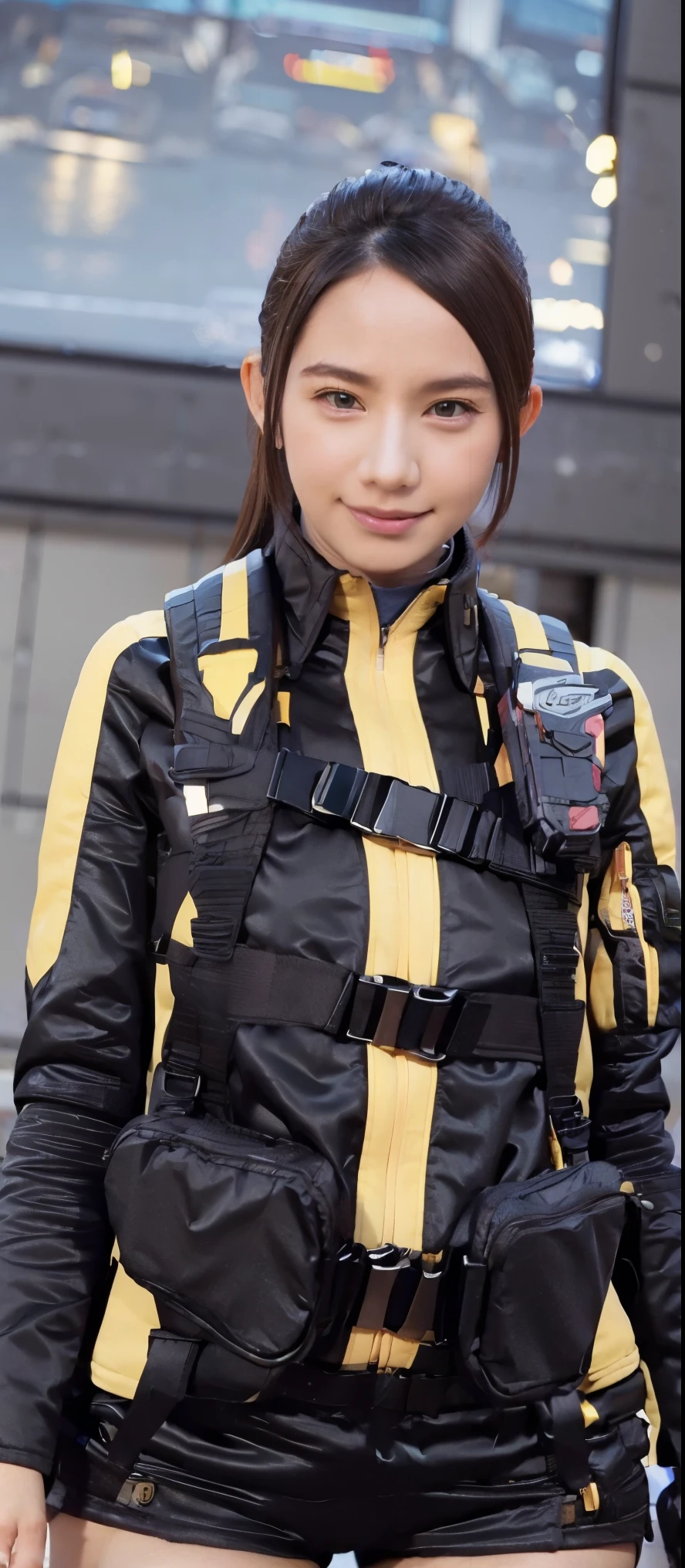 ( extremely realistic ), ( top quality ), ((round, SMALL AND PRECISE FACE )), black gloves,wristwatch,black eyes,short shorts,black shorts, boots, gloves, jacket,shorts, black hair,Adult Female, Big Breasts,Big Breasts, Her breasts are so big and plump, Her breasts are so big and plump, clothes are perfect for your figure,The nose is small,The eyebrows are thin