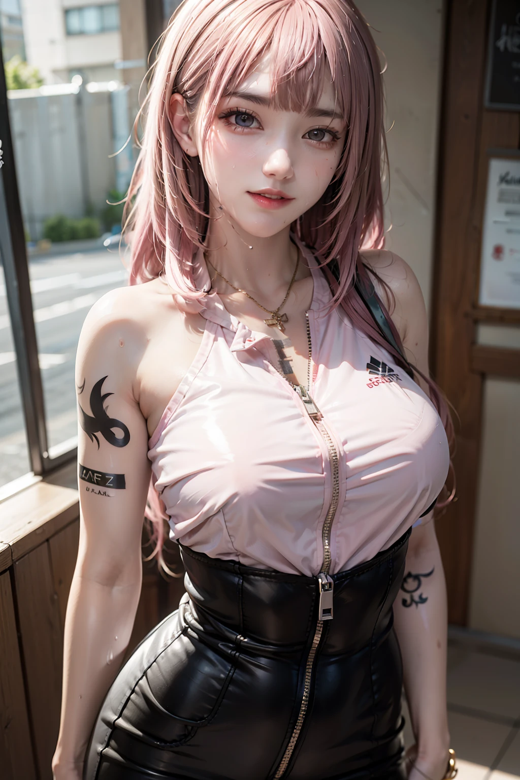 Cool women、sexy、Center of chest、Rize from Chainsaw Man、beauty、Yandere、、Face close-up、Chest tattoo、suit、necklace、(look up)、(Pink Hair)、).((Save face image))、((city)).