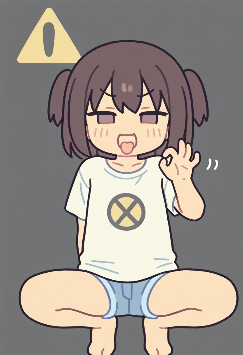 Half-naked in very, very short shorts on the street, half-naked, very crouching, smiling, hurraying and doing the peace sign. Full body diagram. Crouching posture.