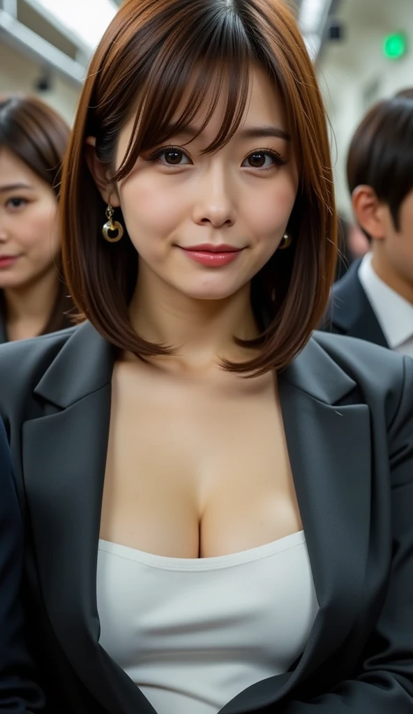 1 girl, G cup women、Tie your hair、Single bun hair、office lady、On the way to work、Shibuya Snaps, Tokyo、(Wear a classy dark blue suit、White shirt underneath、Photo from the waist up、Small silver earrings、Small silver necklace:1.2), (RAW Photos, highest qualそれy), (Realistic, Realistic:1.4), Tabletop, Very delicate and beautiful, Very detailed, 2k wallpaper, wonderful, finely, Very detailed CG Unそれy 8K 壁紙, Very detailed, High resolution, Soft Light, Beautiful detailed girl, Very detailed目と顔, Beautiful and sophisticated nose, finelyて美しい目, Cinema Lighting, Perfect Anatomy, Slender body, Was nervous, 
Straight semi-long hair, bangs, Looking at the audience, smile.Large Breasts.