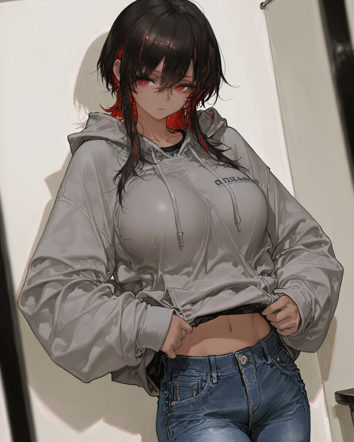 ((1boy)), blue eyes, messy gray hair, close up view, wolf ears, wolf tail, black hoodie, black booty shorts, slim waist, big thighs, looking at viewer, fangs, angry, living room, sharp nails, ultra masterpiece, HD, young, twink, wide hips, blush, big butt