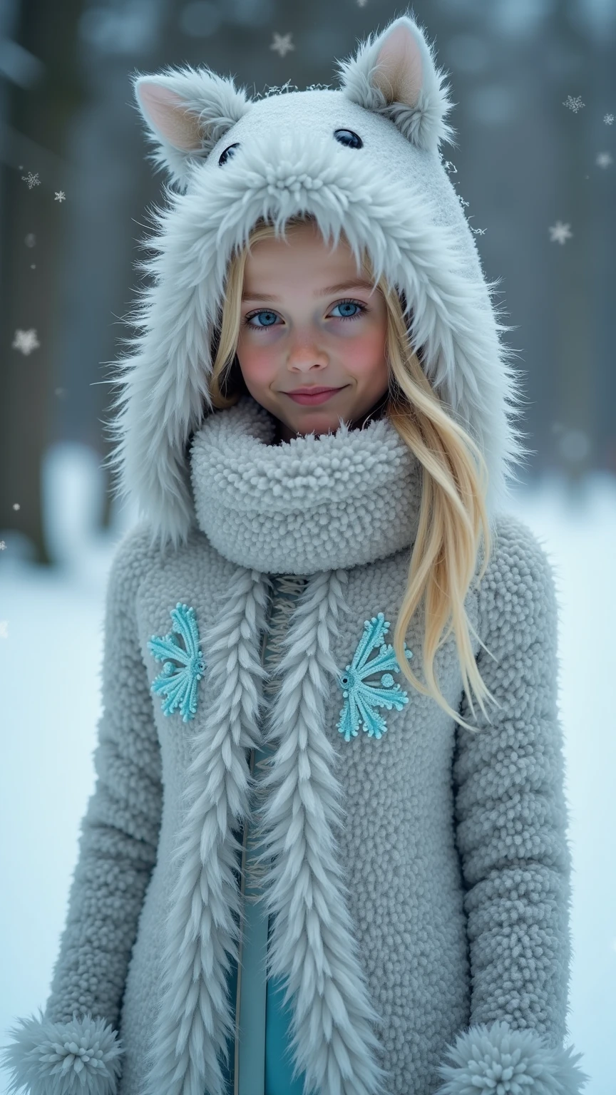 (raw photo: 1.2), (photorealistic: 1.4), (best quality: 1.4), (ultra highres: 1.2), (highly detailed: 1.3), (HDR: 1.2), (cinematic lighting: 1.3), (detailed eyes), (detailed facial features), (detailed fur), (snowy background: 1.2), blonde 10-year-old girl, standing pose, (body portrait 3/4: 1.2) --auto --s2