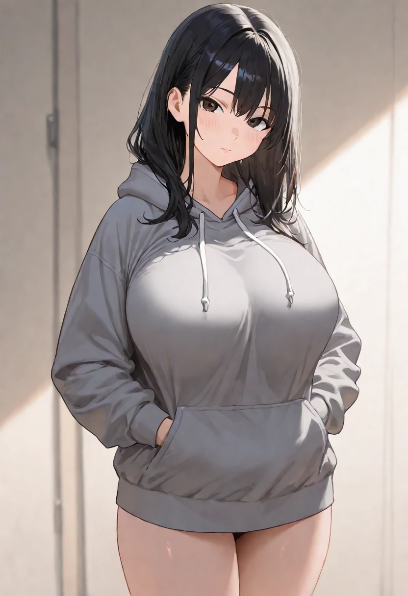 Yor Forger,Big Breasts,Black jacket,Jeans pants,In front of the front door of your home,Smiling expression,Mouth open,Head tilted 15 degrees,