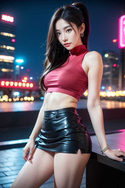 Beautiful woman, street at night with lights, fiddling with smartphone, hot pants, fragrant pink flowers, passers-by, gradation of night scene, fine details, subtle tones, tranquility floating on the screen.