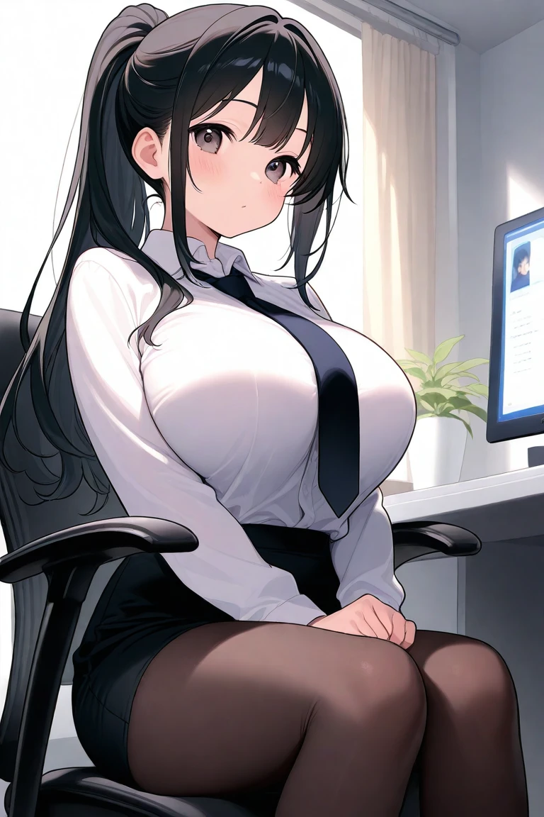 akeno,fullbody, perfect body, detailed face, detailed eyes,sexy,high res,high quality, masterpiece, office uniform,sitting on office chair, office,very sexy,large breasts,black shining heels,open mouth, embarrassed ,blush,top quality,(best quality,4k,8k,highres,masterpiece:1.2),ultra-detailed,portrait, erotic, sensual, voluptuous, glowing skin, detailed facial features, alluring gaze, cinematic lighting, rich colors, dramatic shadows,red nails,look from high, side view,sexy,look from side,black skirt,black pantyhose,white shirt,black jacket,red tie, choker , looking from high, elegant, elegantly sitting,sfw,sits by the office table,look from top,photo at an angle,look from side, detailed heels, working, looking at her table,working on computer, looking at computer ,porno on computer ,watching porno, watching at nude girls,horny