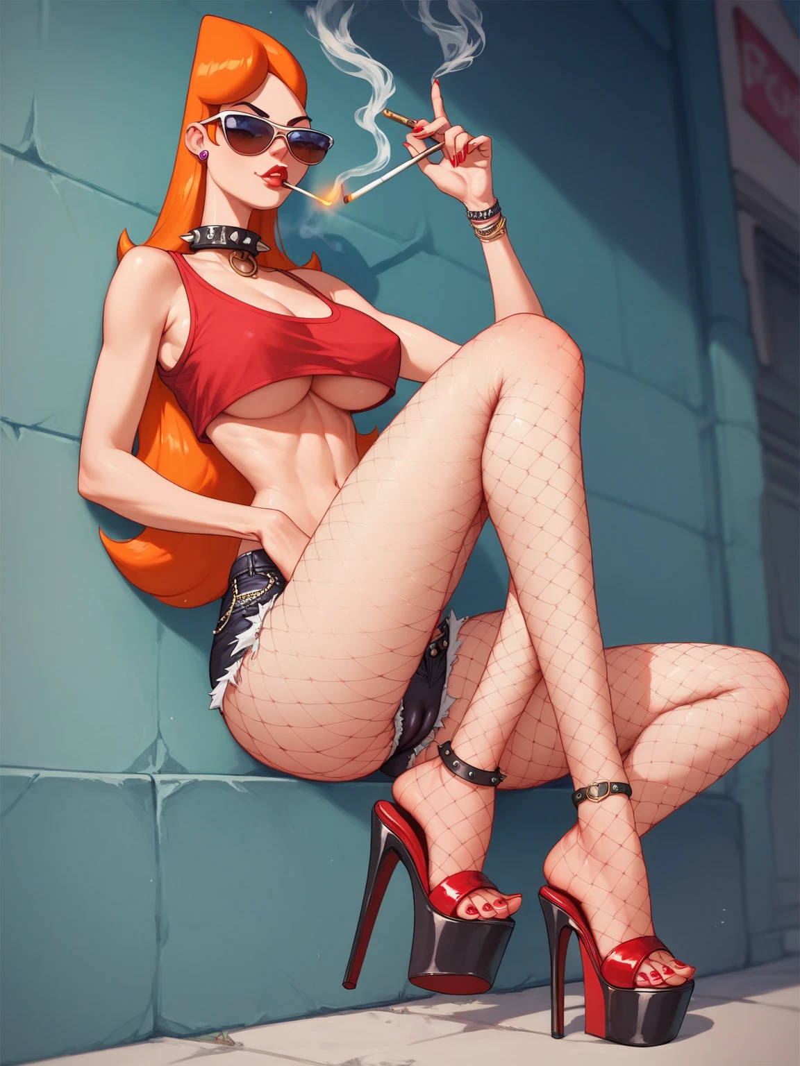 SFW Aunt Cass, sitting straight symmetrical, sitting on grass, full body, solo girl looking to the camera, cow bell choker, metal sandals, black and white bikini (cow pattern), black thigh highs, farm background