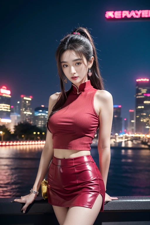 Chinese girl,25 years old,Double ponytail black,cute face,long shot,collar,whole body,Medium Length Wavy Pink Hair,Large earrings,Small bag,red shirt,mini skirt,night light,City,photography,Surrounded by neon-lit reflections of the Cityscape, depth of field,night, Cyberpunk aesthetics, Highly detailed lighting, dramatic, 8K, high detail, Texture, Realistic skin texture, armor, best quality, high resolution, Realism