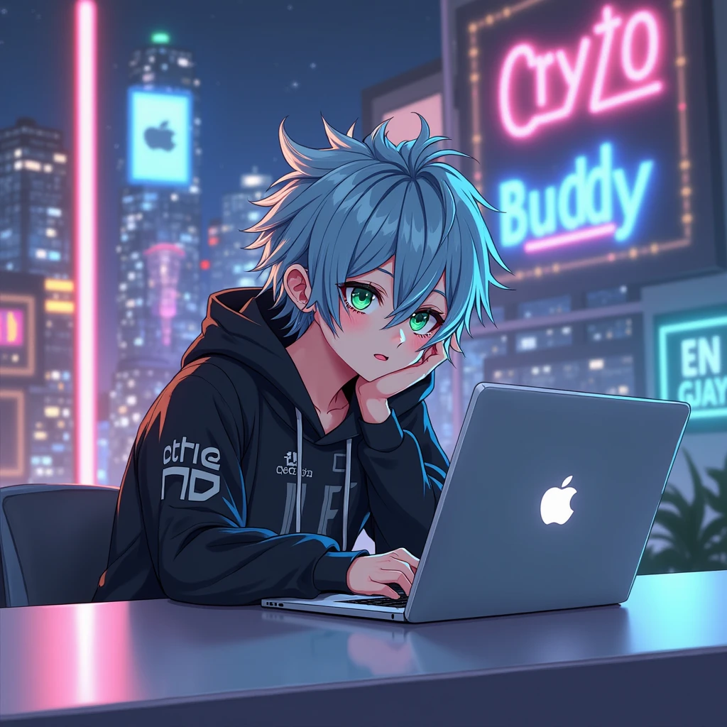 A 20 years white anime boy with happy smile sitting on a Comfortable chair comfortably with bitcoin chain gold chain, black shirt and looks in front with well furnished dark room, computer left,behind, and right side with the view of trading chart and many doller and coins on the table.