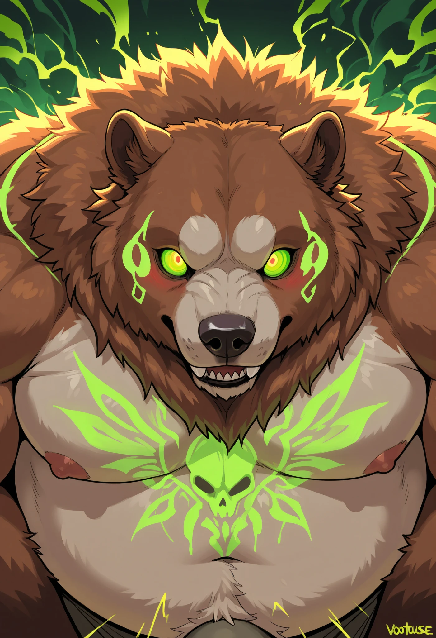 Black Portrait: Morbidly Obese Kodiak Bear; glowing erection bulge; (obtuse muscular, feral, big fat; huge muscles, voodoo eyes, tribal; brown fur, glowing green tattoos everywhere); blushing; thrusting; closed Mouth; tired expression; surprised; skulls; monster obese Bear; detailed eyes; (sharp teeth); masterpiece; best quality; amazing quality;