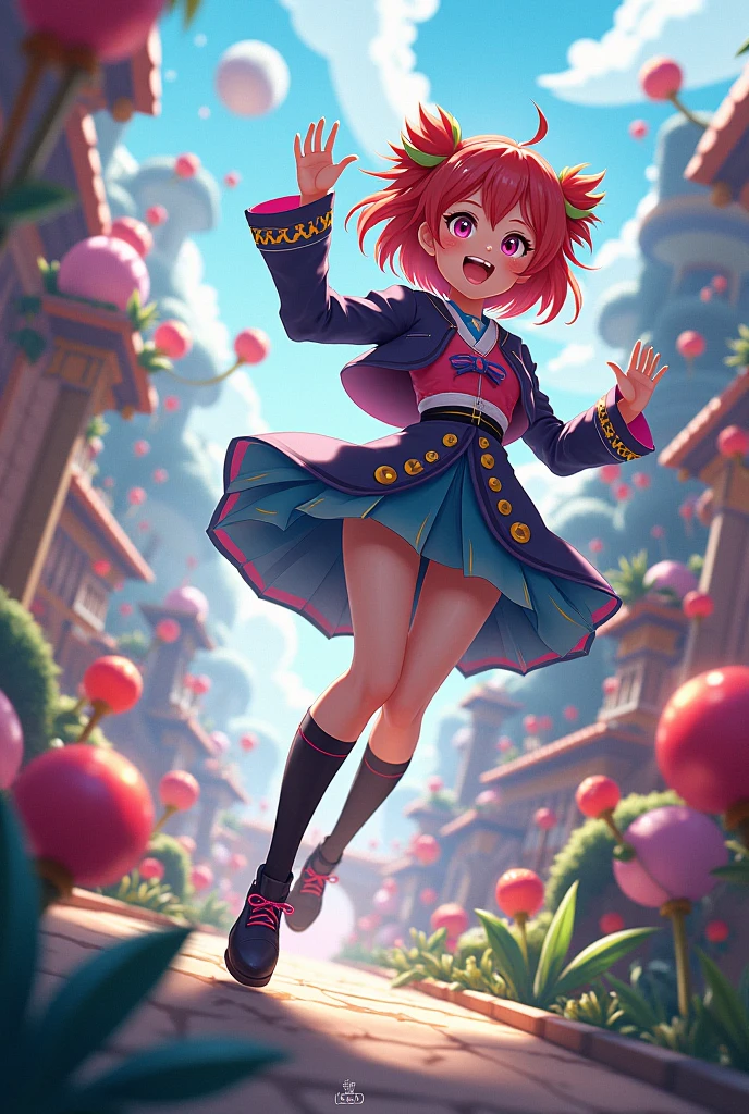 Stand in front of the photo、1girl in,Full body,a short bob, rainbow color Hair,long boots,Open mouth and big smile、kawaii pose、Flowing iridescent silk、Wearing colored tights、up of face、Eye Up、Colorcon with heart pattern、Floral dress、Pose with the snowman、snowscape、season!!: Winters☀ 🍂
