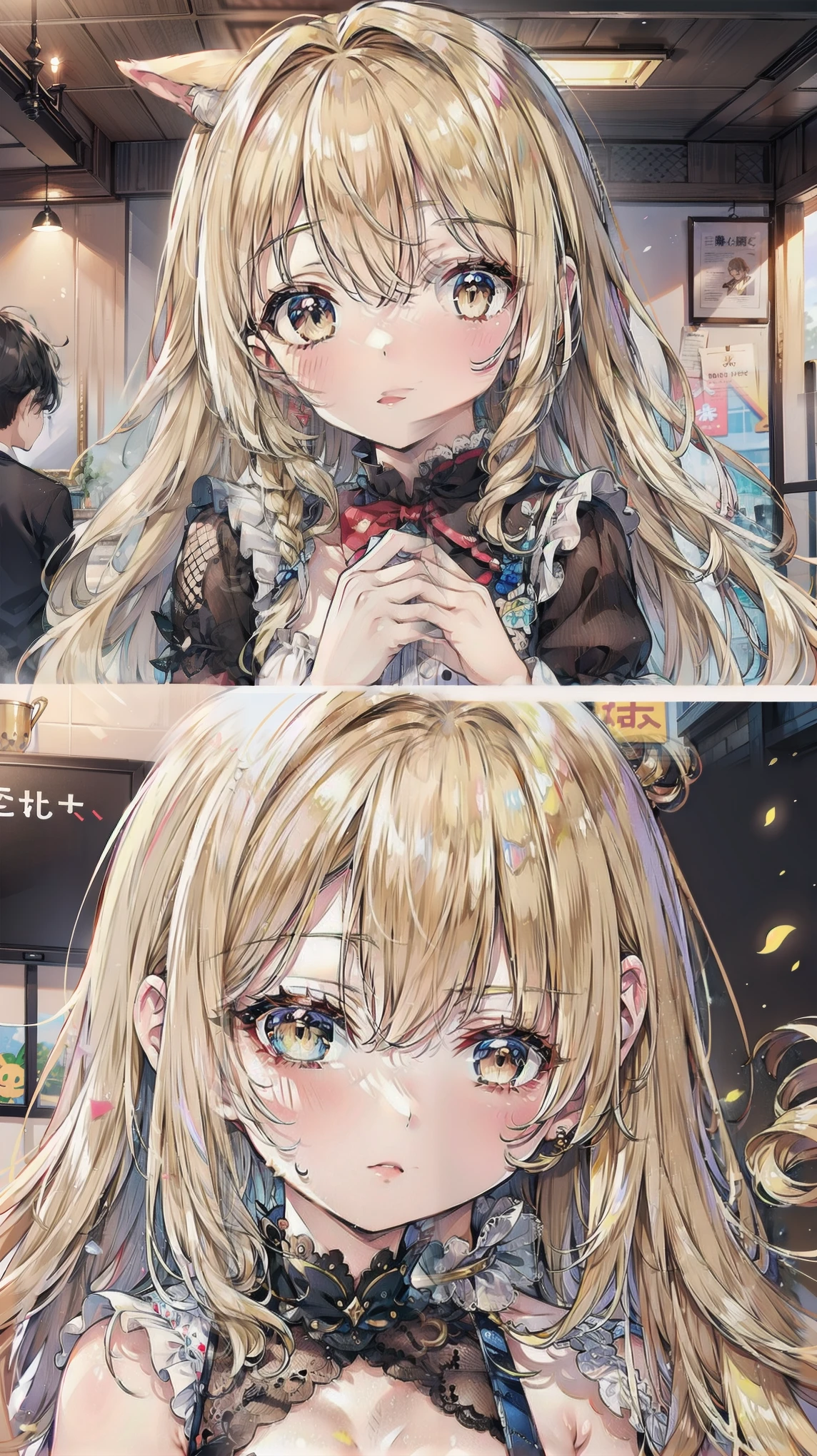 Dots are、明るいピンクの頬、she has chin-length, curly, golden blonde hair with wavy bangs.、she'dark-skinned girl, she is wearing a bright red headband with a ribbon on the right side of her head.. Dots are、she wears a shiny pastel blue and scarlet red dress with a small ribbon belt around her waist。, white collar, 4 crimson buttons, Bright red lining. sheのドレスの下には赤と淡いブルーのチュールスカートがある.. she also、Red top with white socks、she is wearing carnation pink high-top sneakers with bright red shoelaces, Shine; glitter, NSFW,
