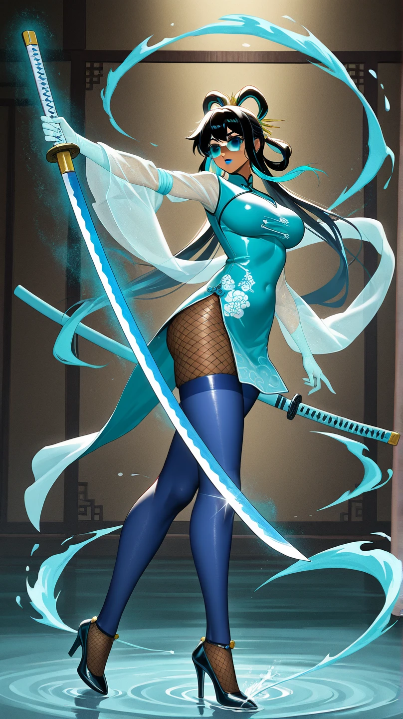 Digital illustration featuring a female Kitana character in a dynamic pose. She has long, flowing dark hair and light skin. Her facial features are partially obscured by a blue mask. She is dressed in a revealing blue outfit with intricate patterns, including a top with crisscross lacing and high boots. The character is holding large, fan-like weapons with sharp blades, positioned behind her back. The background is a simple gradient, emphasizing the character's detailed and vibrant design. anime, anatomically correct, super detailed, high quality, 4K, high details, super detailed, 4k