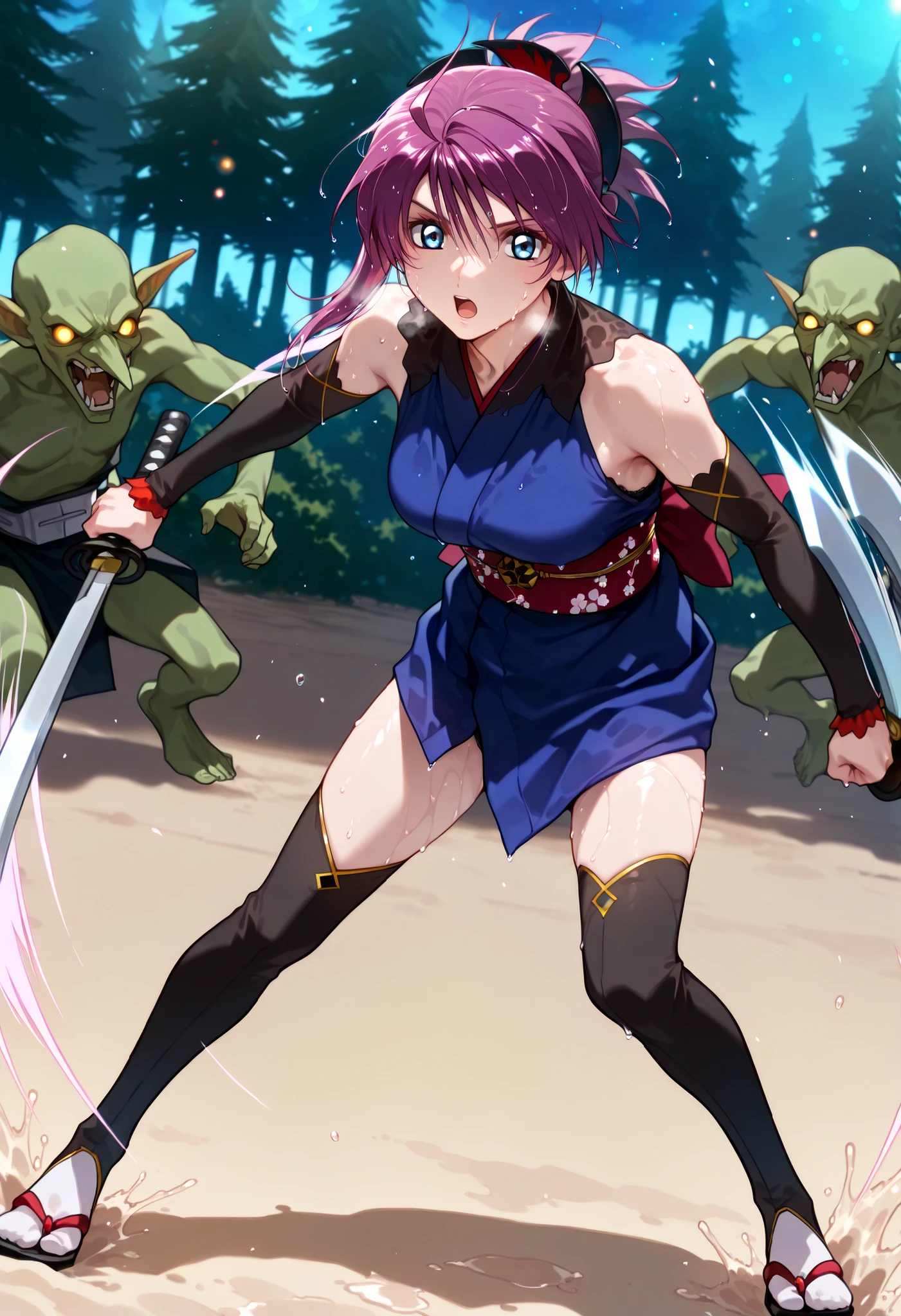 score_9, score_8_up, score_7_up, source_anime,BLE, BREAK,masterpiece, best quality, absurdres, safe 1girl, outdoors, forest, nature,,,1girl,(solo),(((lunamaria:1.1))),1girl,,(((LunamariaHawke:1.1))),(((purple hair:1.2))),((ahoge:1.2)),(((short hair:1.2))),blue eyes,,hair ornament,(ponytail),,miyamoto musashi ,(((bare shoulders, blue kimono, detached sleeves, elbow sleeve, japanese clothes, kimono, obi, sash, sleeveless, sleeveless kimono))),sword, holding sword,,black frill trimmed bra under the kimono,black panties under the kimono, NSFW,,breathing,full body,(Watery eye),(Wet body:1.45), (Leaning forward:0.6), (Beautiful valley),(Close-up of a girl:0.7),High solution,. her hair is floating in the air, Reflecting agile movements, Contrasting colors enhance the lively atmosphere of the scene, The speed effect of moving lines adds an anime touch to the action.Injecting energy unique to anime, (((add energy to the scene. Motion Effect))), (Like a subtle blur),, night, backlighting, bokeh,panty shot,full body,,bokeh,((nape of neck)), ,((Pained expression)),(((Sweat:1.4))),(((regrettable))),((stressed)),,,outdoor ,sand land:1.2,, fighting stance, open mouth,looking at viewer,motion lines:14, speed line:1.4,motion blur:1.4,,((LunamariaHawke)),blue kimono, (((blue blue kimono:1.4))),(((goblin monster))),(((monster attacking girl))),((attack guarding:1.4)),wind blow:1.4,,(((no one except for 1girl:1.4))),,(((Enduring))),