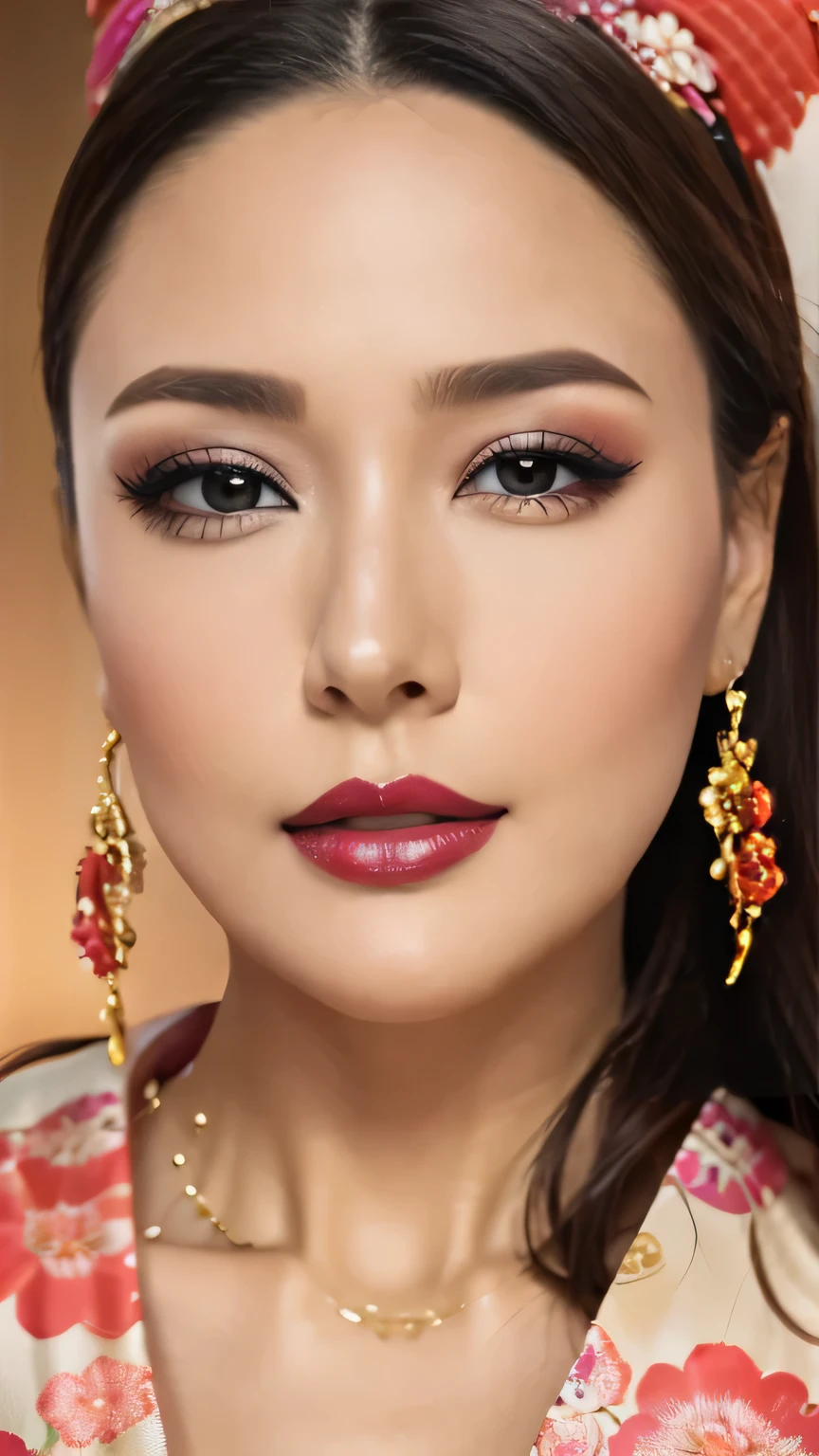 Realistic, Highest quality, 8k, woman, 40-year-old, Sakura pattern kimono, Large Bust, Long Hair, Ultra-detailed skin textures, Soft Lighting, Fairy, Bokeh, Coral Lipstick, Sensual Lipstick, Sensational Make up