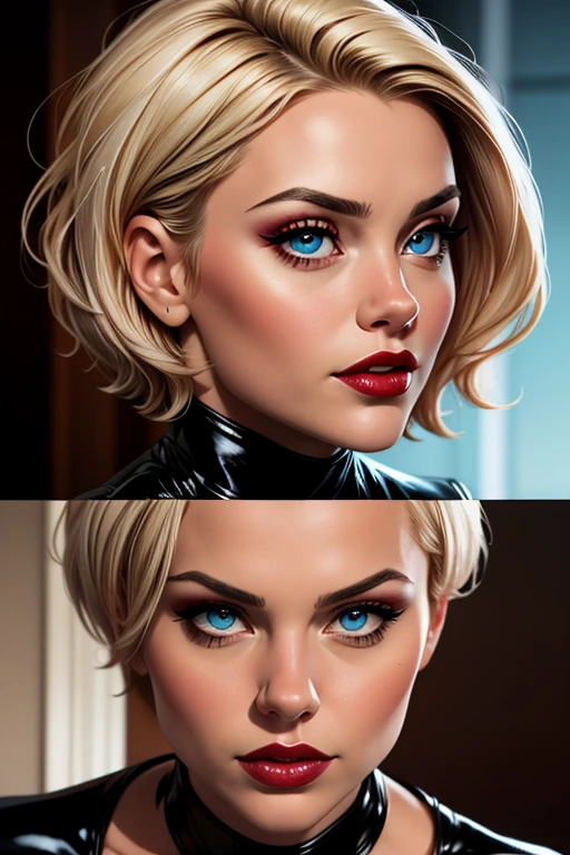 1girl,1950s retro comic,sci-fi,slender hot blonde,realistic proportions,tight jumpsuit,cleavage,looking at camera,(best quality,4k,8k,highres,masterpiece:1.2),ultra-detailed,(realistic,photorealistic,photo-realistic:1.37),HDR,studio lighting,extreme detail description,professional,vivid colors,concept art