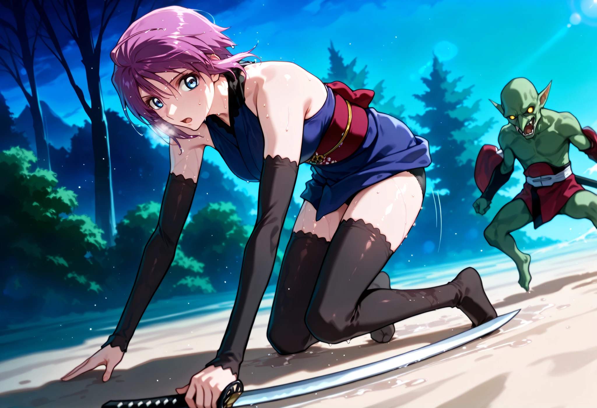 score_9, score_8_up, score_7_up, source_anime,BLE, BREAK,masterpiece, best quality, absurdres, safe 1girl, outdoors, forest, nature,,,1girl,(solo),(((lunamaria:1.1))),1girl,,(((LunamariaHawke:1.1))),(((purple hair:1.2))),((ahoge:1.2)),(((short hair:1.2))),blue eyes,,hair ornament,(ponytail),,miyamoto musashi ,(((bare shoulders, blue kimono, detached sleeves, elbow sleeve, japanese clothes, kimono, obi, sash, sleeveless, sleeveless kimono))),sword, holding sword,,black frill trimmed bra under the kimono,black panties under the kimono, NSFW,,breathing,full body,(Watery eye),(Wet body:1.45), (Leaning forward:0.6), (Beautiful valley),(Close-up of a girl:0.7),High solution,. her hair is floating in the air, Reflecting agile movements, Contrasting colors enhance the lively atmosphere of the scene, The speed effect of moving lines adds an anime touch to the action.Injecting energy unique to anime, (((add energy to the scene. Motion Effect))), (Like a subtle blur),, night, backlighting, bokeh,panty shot,full body,,bokeh,((nape of neck)), ,((Pained expression)),(((Sweat:1.4))),(((regrettable))),((stressed)),,,outdoor ,sand land:1.2,, fighting stance, open mouth,looking at viewer,motion lines:14, speed line:1.4,motion blur:1.4,,((LunamariaHawke)),blue kimono, (((blue blue kimono:1.4))),(((goblin monster))),(((monster attacking girl))),((attack guarding:1.4)),wind blow:1.4,,(((no one except for 1girl:1.4))),,(((Enduring))),
