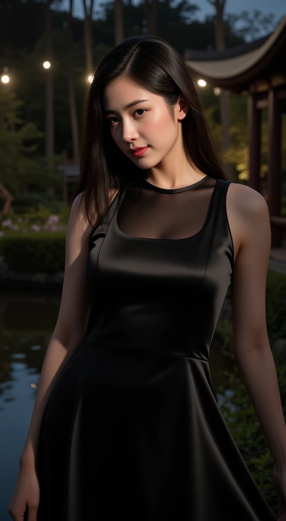 One Girl、From below, (whole body, Are standing), シングル編み込みの茶髪のponytail, Parted bangs, grey hair、Attractive eyes、Shortcuts、ponytail、Fuller lips、Camisole dress、Beautiful Skin、Small breasts、Small breasts、at night、A spectacular night view as a backdrop、You can see the night view in the distance、RAW Photos、Highest quality、ultra High resolution、High resolution、masterpiece:1.3、8k、Professional Photographer