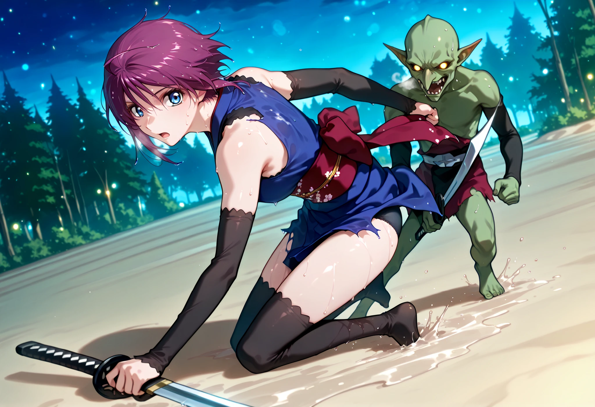 score_9, score_8_up, score_7_up, source_anime,BLE, BREAK,masterpiece, best quality, absurdres, safe 1girl, outdoors, forest, nature,,,1girl,(solo),(((lunamaria:1.1))),1girl,,(((LunamariaHawke:1.1))),(((purple hair:1.2))),((ahoge:1.2)),(((short hair:1.2))),blue eyes,,hair ornament,(ponytail),,miyamoto musashi ,(((bare shoulders, blue kimono, detached sleeves, elbow sleeve, japanese clothes, kimono, obi, sash, sleeveless, sleeveless kimono))),sword, holding sword,,black frill trimmed bra under the kimono,black panties under the kimono, NSFW,,breathing,full body,(Watery eye),(Wet body:1.45), (Leaning forward:0.6), (Beautiful valley),(Close-up of a girl:0.7),High solution,. her hair is floating in the air, Reflecting agile movements, Contrasting colors enhance the lively atmosphere of the scene, The speed effect of moving lines adds an anime touch to the action.Injecting energy unique to anime, (((add energy to the scene. Motion Effect))), (Like a subtle blur),, night, backlighting, bokeh,panty shot,full body,,bokeh,((nape of neck)), ,((Pained expression)),(((Sweat:1.4))),(((regrettable))),((stressed)),,,outdoor ,sand land:1.2,, fighting stance, open mouth,looking at viewer,motion lines:14, speed line:1.4,motion blur:1.4,,((LunamariaHawke)),blue kimono, (((blue blue kimono:1.4))),(((goblin monster))),(((monster attacking girl))),((attack guarding:1.4)),wind blow:1.4,,(((no one except for 1girl:1.4))),,(((Enduring))),,(((monster attacking girl damage))),torn clothes,