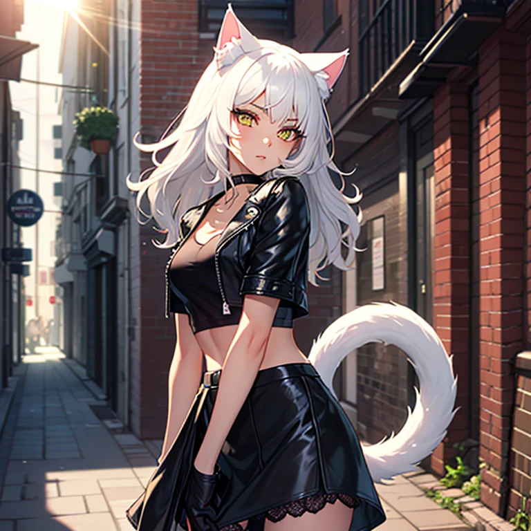 White hair, turning to face viewer, cat girl, up-skirt no panties