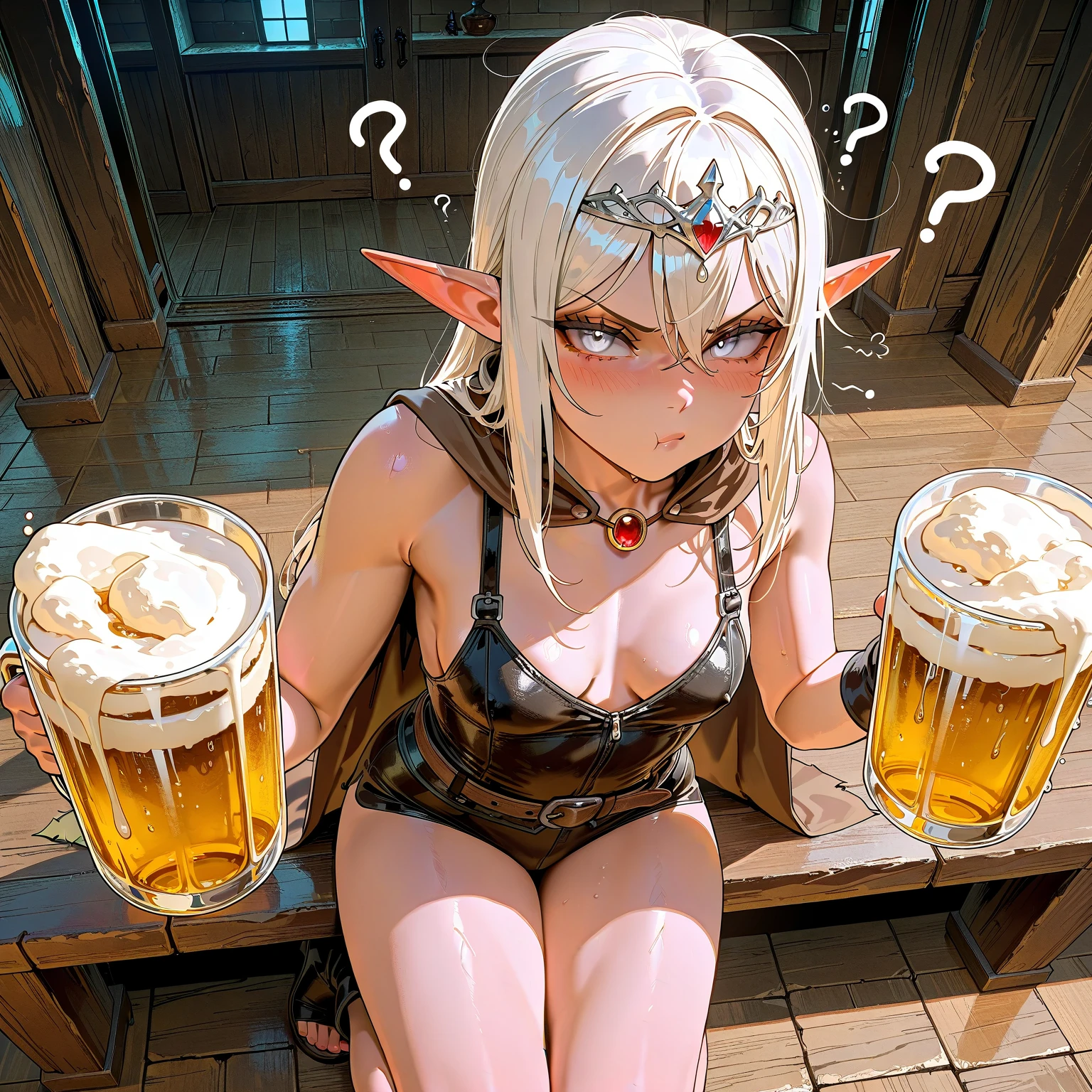 sexy elf woman with white hair, wearing medieval dress, drinking beer at medieval tavern with crowd people, there having fun.