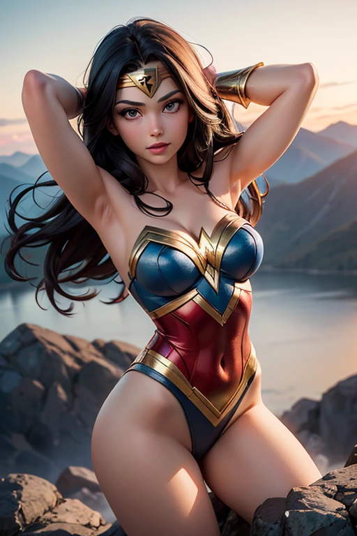 Kate, 21 years old, short black hair with blue highlights, looking at the viewer, blue eyes, perfect and sensual body, wonder woman outfit, (( golden tiara, red corset with gold details, sexy blue shorts with 3 stars ((1 in front, 2 in back)) dug in the ass, red boots)), wearing your outfit, smiling (luxurious room), cowboy photo, high resolution, black hair, highlighted hair, blue hair, hair behind the ear, short hair, blush, cowboy shot, textured skin, best quality