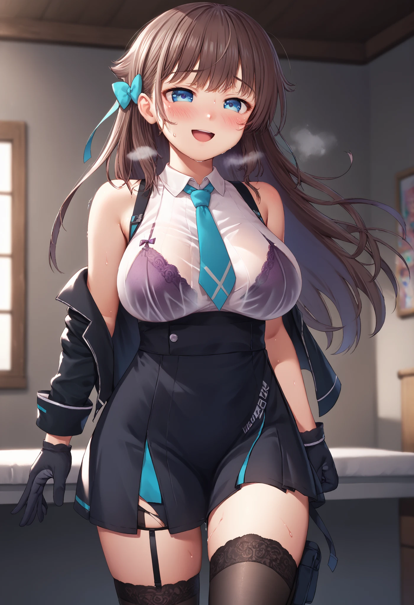 Top quality, masterpiece, 8k, super high resolution, (Photorealistic: 1.4), 1 girl, upper body, undress, panties, white panties, bra, white bra, showing crotch and panties, Showing breasts and bra, young, beautiful expression, symmetrical eyes, perfect proportions, appearance viewer, long legs (1.3), street, Japanese police, policewoman, solo woman, smile, laugh, stockings, pussy line, Pay attention to the panties, policewoman hat, front, sit and spread your legs, put your hands on your hips