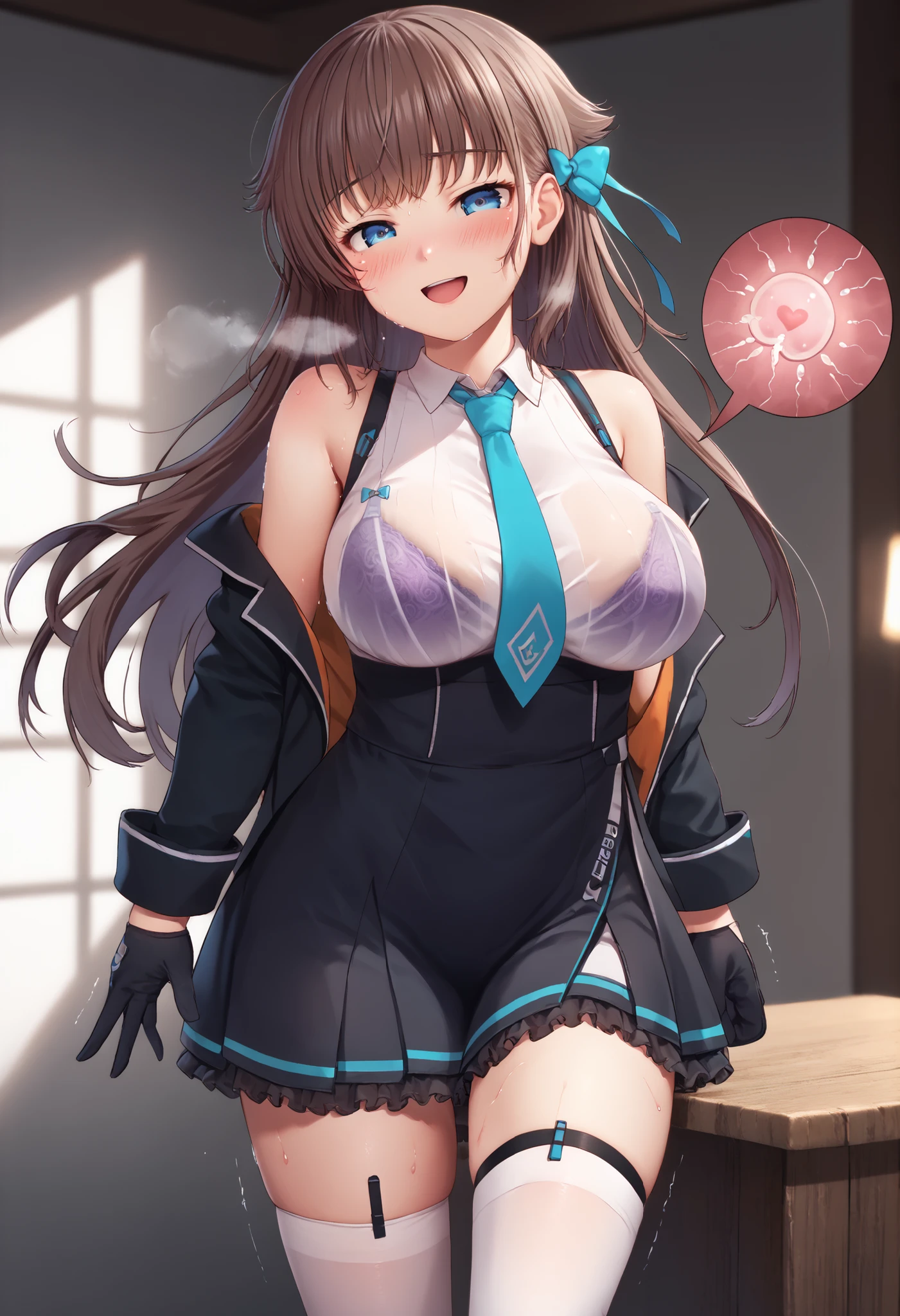 great quality,so beautiful,Absard dress,best quality,newest,masterpiece,4k,resolution,anime screen capture,1 girl,brown hair,long hair,blue eyes,cute anime eyes,super huge breasts that have just been torn apart,very much sweat (Amount of sweat:2.0),blush(redness:3.0), Laughing face,I'm exhaling with my mouth wide open(steam),(Kana Kashiwazaki),hair bow,canavale , thigh length single socks, one leg in stockings, black jacket, sleeveless shirt, femoral strap, tie, cowboy shot, gloves, black skirt,I had sex until a while ago,my body is trembling because it has climaxed too much,steamが多い,shirt filled with sperm is see-through with sweat and the bra is slightly visible(The bra is purple),uterus toward the body(semen inside),-game- Nebel Geisterjäger style