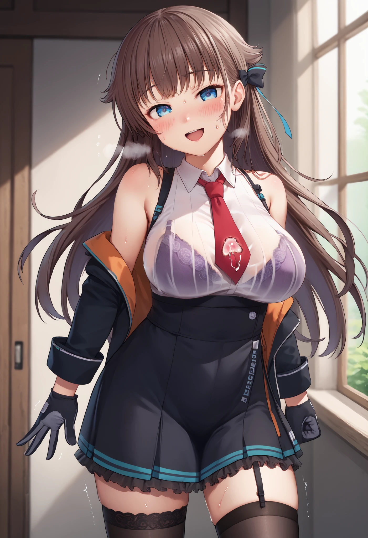 great quality,is so beautiful,Absard dress,best quality,newest,masterpiece,4k,resolution,anime screen capture,1 girl,brown hair,long hair,blue eyes,cute anime eyes,super huge breasts that have just been torn apart,very much sweat (Amount of sweat:2.0),blush(redness:3.0), Laughing face,I'm exhaling with my mouth wide open(steam),(Kana Kashiwazaki),hair bow,canavale , thigh length single socks, one leg in stockings, black jacket, sleeveless shirt, femoral strap, tie, cowboy shot, gloves, black skirt,I had sex until a while ago,my body is trembling because it has climaxed too much,steamが多い,shirt filled with sperm is see-through with sweat and the bra is slightly visible(The bra is purple),uterus toward the body(semen inside),-game- Nebel Geisterjäger style