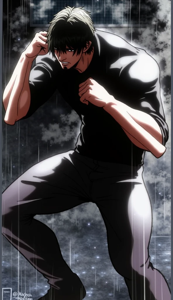(masterpiece:1.3), (best quality:1.3), (very detailed), (anime style:0.1), game cg, anime coloring,((simple background)),((faceless man,dark-skinned male,strong man,))Black Shirt,Black jeans,shaved sides,side burns,Blonde,looking down,from below,smirk