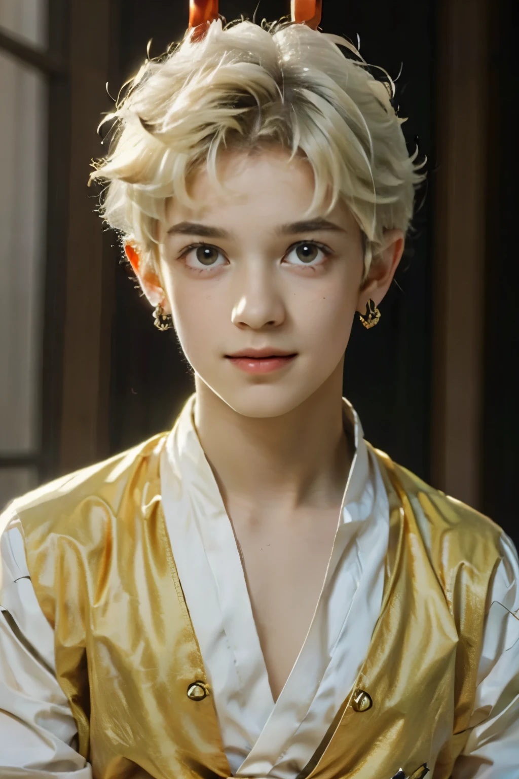 golden eyes、What is a blonde perm((perm hair with bangs))Prince Eminbi is Impish Smile((very very large golden hanging eyes))a beautiful boy with a very thin jaw who is slender8age(a boy with beautiful, smooth, silky skin1What is a prince who is a young man)Accurate and beautiful face 、orange gemstone bangle((with a blond perm))large orange gemstone earrings(dynamic pose)Look at Viewer((orange fine pattern aristocrat fantasy costume))real fantasy movie style
