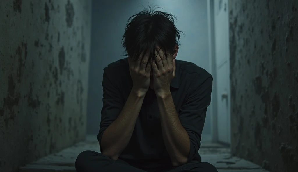 Create a realistic image of an individual experiencing intense anguish over a troubling situation, set in a dark and foreboding environment. The person should be depicted with a distressed expression, perhaps with their hands clutching their head, sitting or standing in a pose that conveys their emotional turmoil. The background should be somber and shadowy, with minimal light sources casting eerie or dramatic shadows. Include visual elements such as disheveled surroundings, dark, oppressive colors, or fragmented objects to emphasize the gravity of their distress. Use stark contrasts and subdued lighting to highlight the depth of their anguish and the enveloping darkness of the scene.