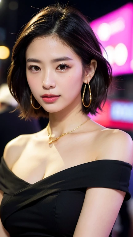 masterpiece, highest quality, Realistic, Very detailed, Finer details, High resolution, 8k wallpaper, One beautiful woman, Wear a black see-through shirt, In a great restaurant, At night, Light brown messy shaggy cut hair, Perfect dynamic composition, Beautiful and beautiful eyes、Big earrings