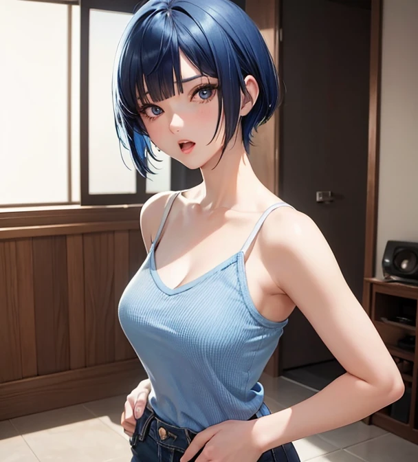 (masterpiece:1.3), (Best Quality:1.3), (Ultra-detailed:1.2), ((kawaii)), Cute, (lovely), ((sexy)), ((Extremely detailed)), 4K, (8K), Best Quality, (Beautiful), Illustration, anime style, (bold line:1.2), Gradation, looking at viewer, //, (bent down:1.1), (arms behind back), //, a cute girl, 1girl, (solo:1.2), gleaming skin, //, (huge breasts), (Perfect eyes:1.2), (Perfect iris:1.2), //, Bob cut hair style, blue hair color, (beautiful eyes) //, (half closed eyes:1.0), (sexual expression:1.2), Fascinated expression, smile, (blush:1.2), //, , Emphasizing cleavage, (down blouse), mini Skirt to see underwear, //, Old storage room of the school gymnasium, shadows of sports equipment on the wall