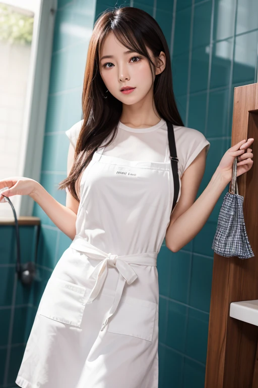 highest quality,Photo quality,Ultra-high resolution,Professional Lighting,14 years old,Beautiful face 、Amazingly cute、(((Naked Apron)))、The bra is visible through、kitchen、Cooking、