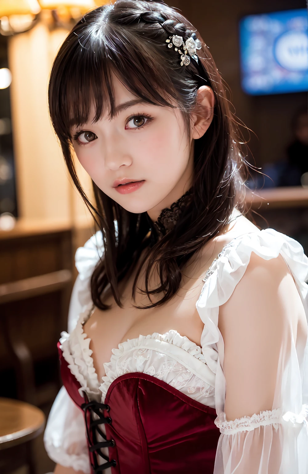 1girl, 16k, best lighting, best quality, ultra high res, (skin pore:1.3), ultral detailed face and eyes, (photorealistic:1.4),best quality, 20 years old,narrow waist,beautiful detailed eyes,light on face,standing,masterpiece,, masterpiece, (closeup) of a young dreamy woman, royal princess, pastel colored hair, twin braids, looking at viewer, palace background, highly intricate, highly detailed, photorealism style, dim, moody lighting, <lora:enako:0.95>
