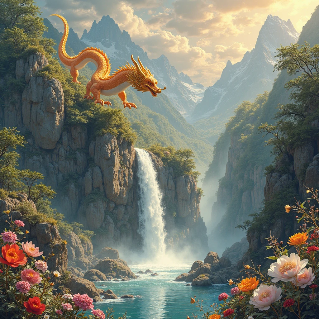mythological creatures,((Dragons in Chinese mythology)),Traditional Chinese elements,Ancient murals,Illustrative myths,Fuyao Legend,Dappled light,Hazy haze,mystical aura,tmasterpiece,k hd,Rich in color,Detailed details,Seven colors,Landscape waterfall