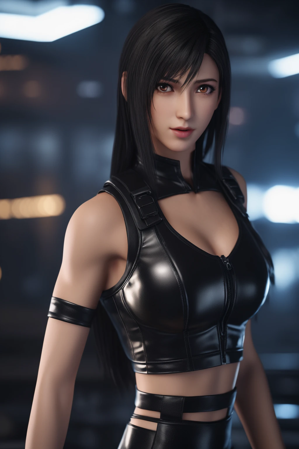 8k,masterpiece, bset quality,big, (1 girl), tifa lockhart, red_eyes, black hair, long hair, shiny skin, shiny big, ((best quality)), crisp focus: 1.2, highly detailed face and skin texture, detailed eyes, perfect face, perfect body, art, cg, blur background, big with presence, (20yo, Mature cool and beautiful face), wearing ((suspender black skirt)),(( black elbow gloves, white taut shirt, thigh-hai, white tank top, navel, blush)), jukebox, old bar, upper body, smile, professional light source, fluttering hair,