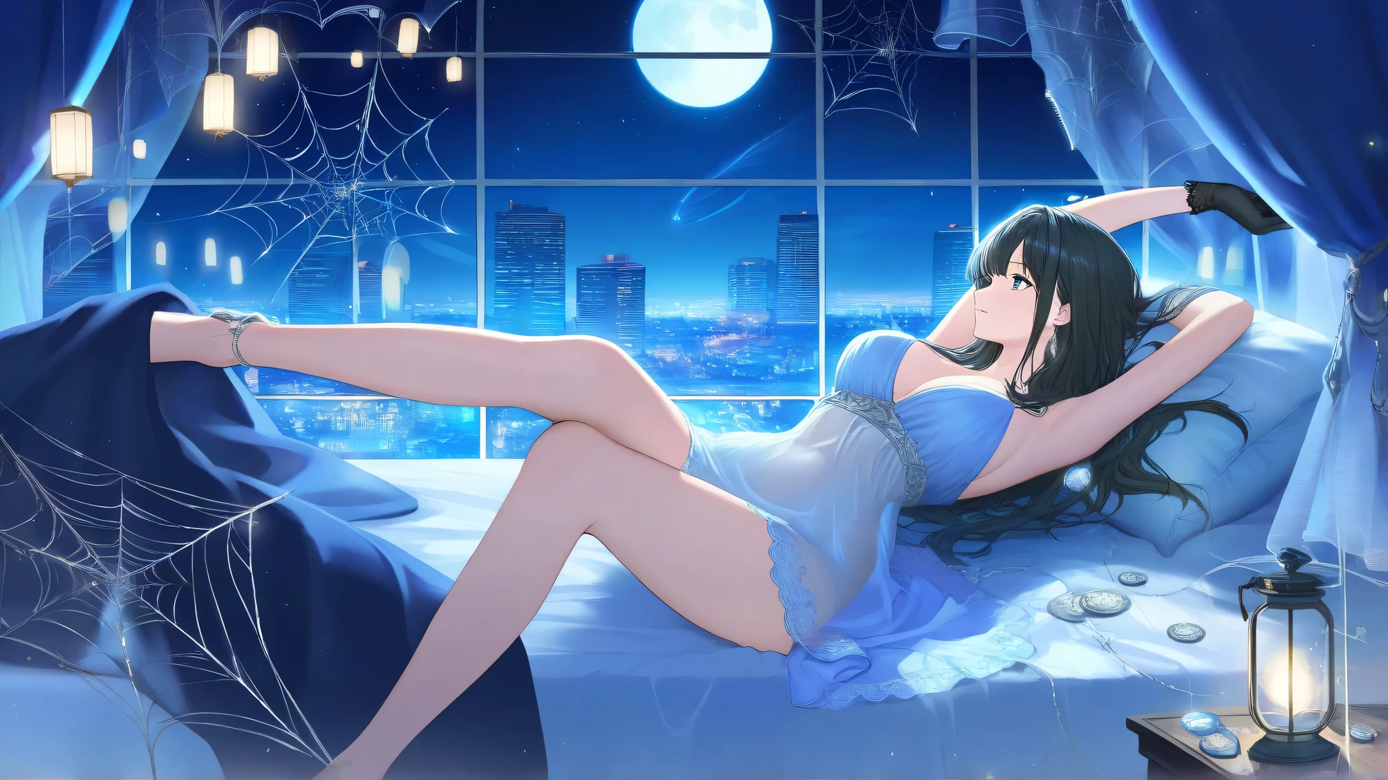 A sensuously disheveled woman reclines in bed, draped in a delicate baby doll nightgown. Her gaze, filled with longing, fixates on the luminous moon and star-studded sky beyond her window. Bathed in soft, indirect lighting, the scene exudes an aura of warmth and desire. This striking image, possibly a painting or photograph, showcases the woman's beauty amidst the tranquil nighttime setting, capturing a moment of intimate contemplation and quiet elegance. Rich in warm colors and evocative details, this high-quality composition immerses viewers in a world of romantic allure.
