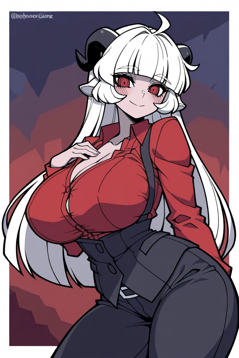 charlie, long hair, smile, small breasts, blush, cleavage, demon girl, (large breasts:1.6)