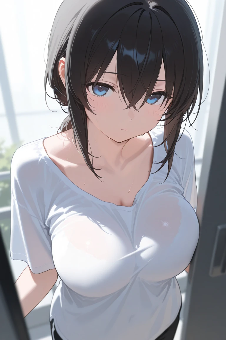 ((best quality)), ((masterpiece)), ((detailed)), (((perfect face))), (((slender 18yo age girl))), ((((medium breasts)))), ((((topless)))), ((((dark blue pleated skirt)))), ((dark brown hair)), ((short ponytail)), (((blue eyes))), ((shy:1.3)), ((blushing:1.5)), (((bare chest))), ((bare stomach)), ((bare shoulders)), (((bare arms))), ((((interior corridor, windows)))), (((standing))), (((shy arms))), (((looking at viewer))), (((open front door))), ((((detailed background)))), ((open mouth))