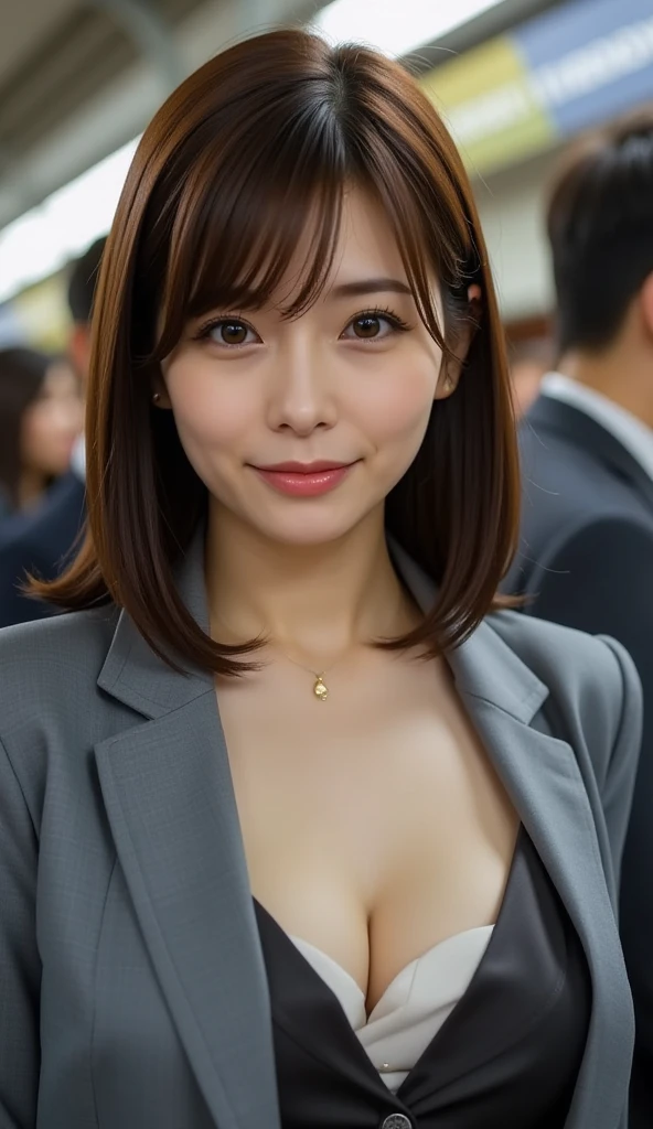Solo_Japan Woman, Beautie, 45 yers old,((top-quality、8K分辨率、Master masterpiece、Portrait:1.3)), Photorealsitic, tissue, 35㎜ film,A little ugly face,Beautie, ((A MILF_femele:1.２)),((OL_Business Blazer_Navel tight skirt:1.5)),(( Revealed breasts _Naughty good:1.5)),((lare breasts:1.2)),((standing nipple:1.2)),((areolae slip:1.2))、(Breast Focus:1.1), (lare breasts:1.2),  (poneyTail)、Wrinkles at the corners of the eyes, slender、small tits、blush、Seductive smile、naughty expression、Heavy breathing、(Street_a park）、(((Accurate garments))),(((Detailed))),during daytime