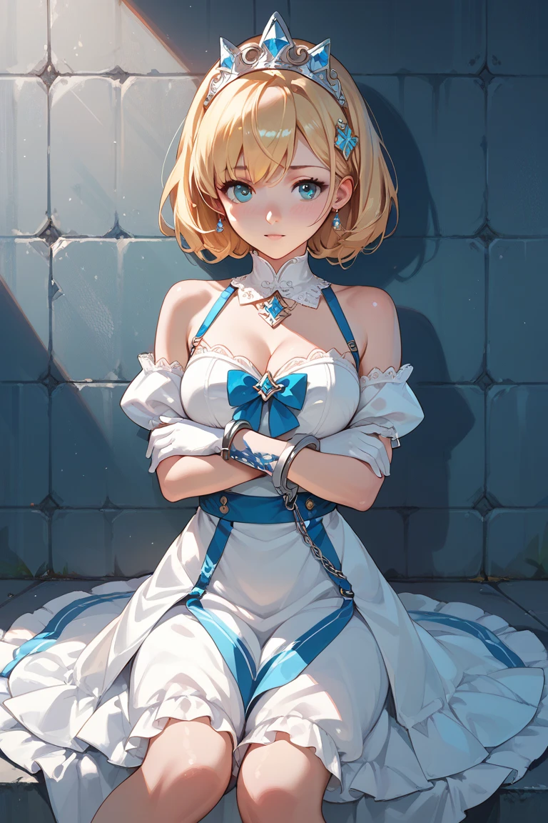 artoria pendragon 、Detailed Description、high resolution、One Girl、Slender、Blonde、Medium Hair、(blush)、Troubled face、White bra、White panties、Leaning forward、Looking up、belly button
