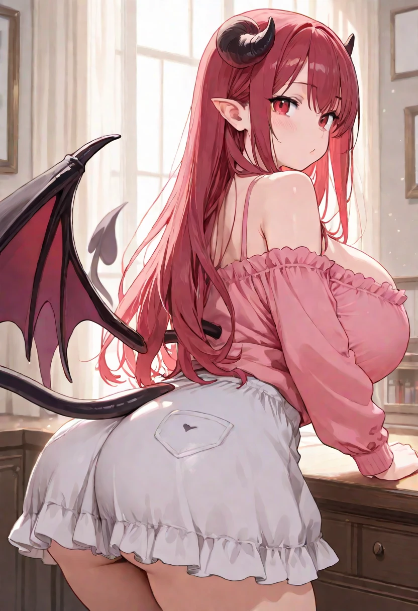 ​masterpiece, top-quality, 1girl in,Diabolical, long red hair, There are bat wings, red eyes、fullnude、red blush、Colossal tits、A slender、It is dripping with the mouth open and the tongue sticking out、Library Background、fullnude、Face during estrus、buttocks visible、Looking back、full body seen