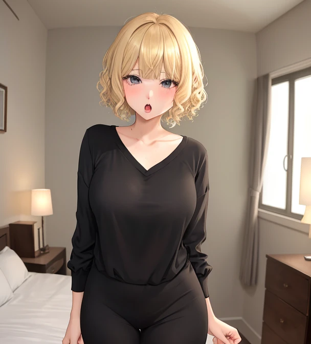 bob cut, parted bangs, on_side, lying, office lady, 1girl, solo, on bed, babydoll,